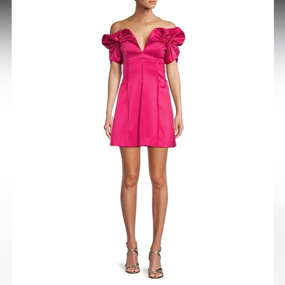 NWT Antonio Melani Adina Textured Satin V Neck Puff Sleeve Mini Dress